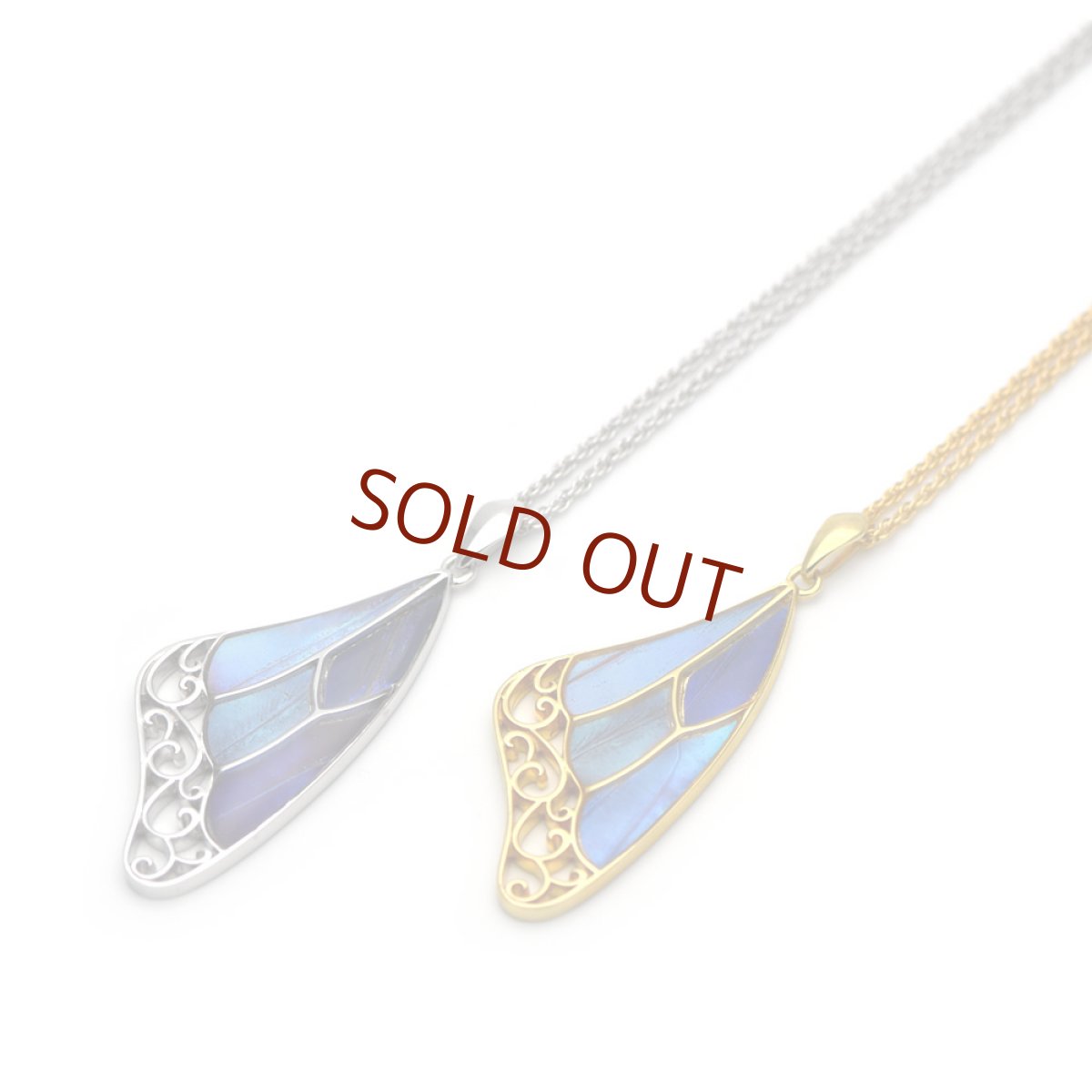 本物の蝶の羽、ブルーグラデーションペンダント039(シルバー)