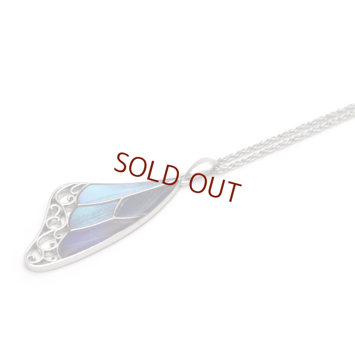 本物の蝶の羽、ブルーグラデーションペンダント039(シルバー)