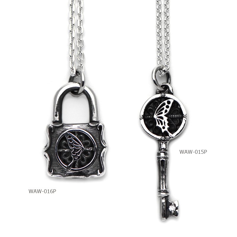 アゲハ 蝶 アンティーク 鍵 南京錠 ペアペンダント[ペア販売][誕生石