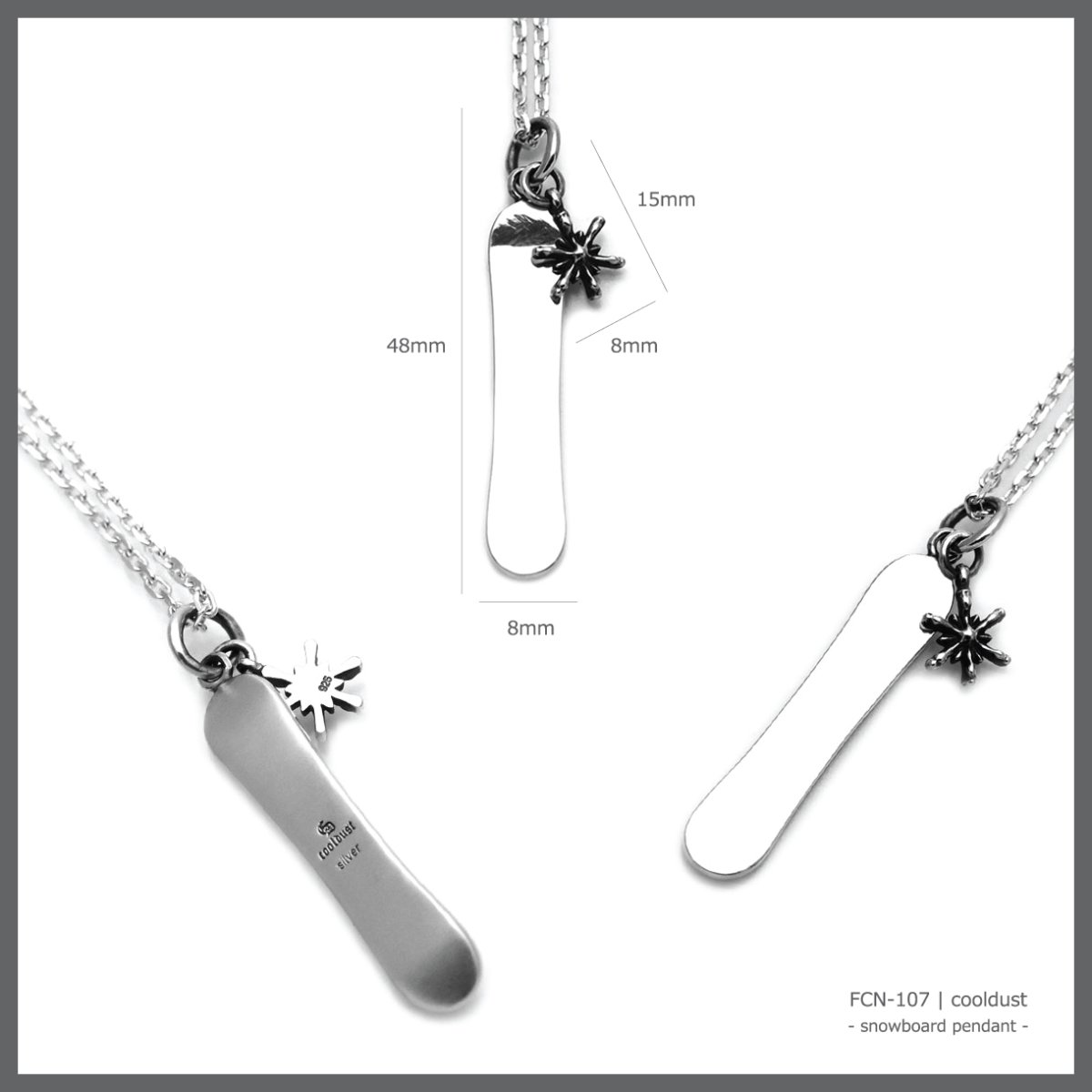 スノーボード デザイン 雪の結晶 チャーム  シルバー925 ペンダント ネックレス【cooldust | クールダスト】