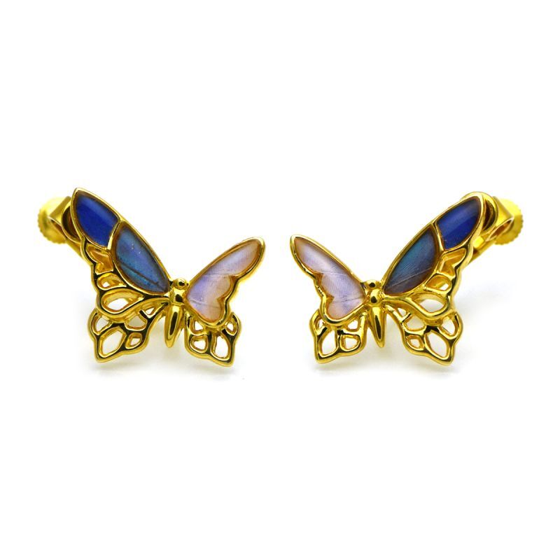 3種のモルフォ蝶 蝶の翅 シルバー925 イヤリング (ゴールド) [両耳]【Psyche|プシュケ】